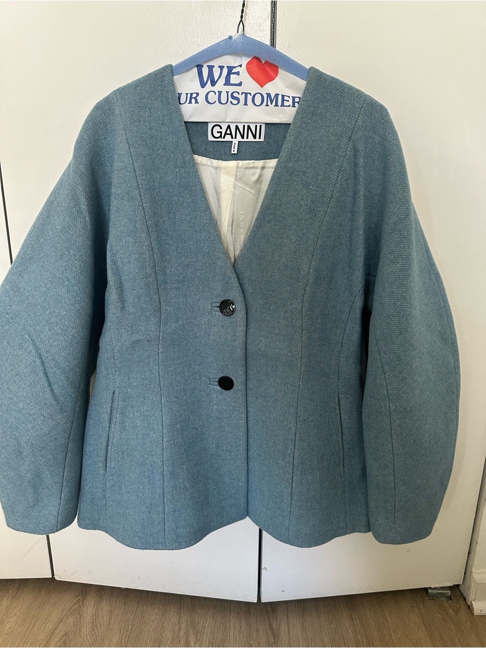 Ganni Teal Blue V-Neck Wool-Blend Blazer